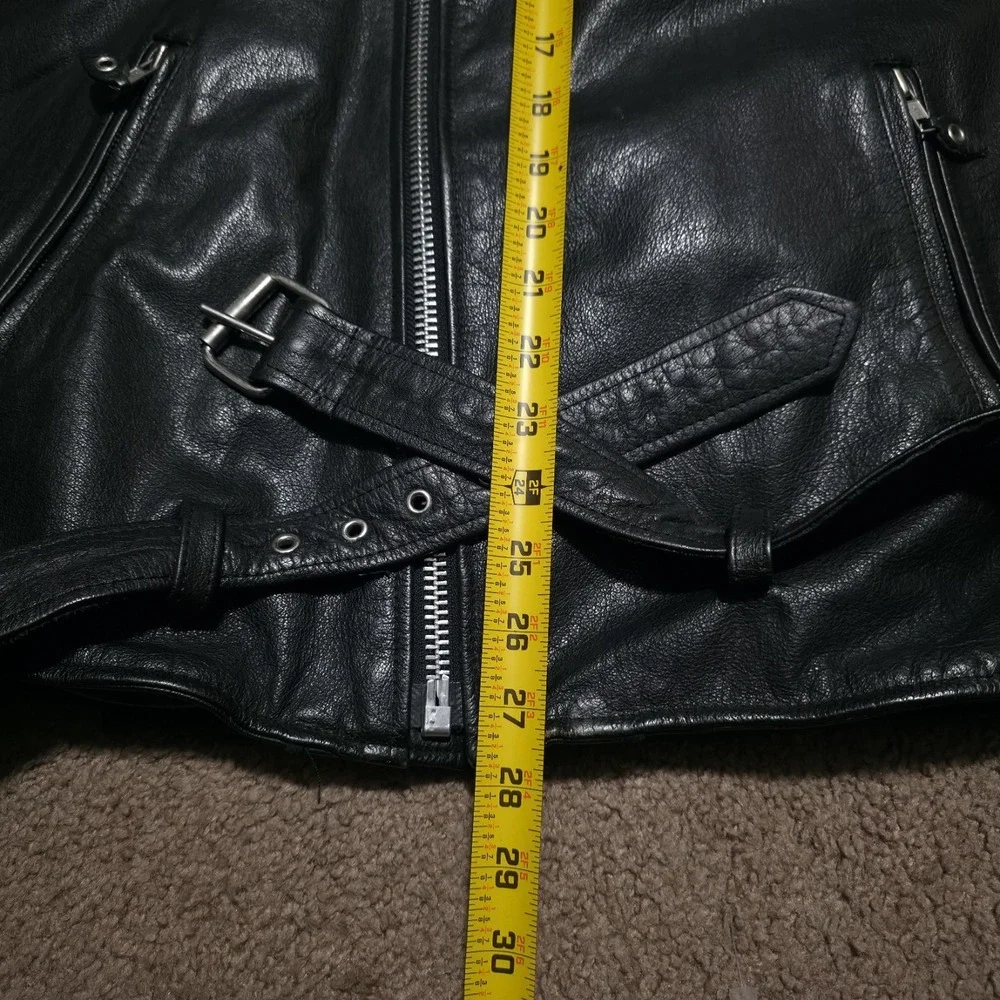 Vintage MOB Black Leather Motorcycle Jacket Mens 52 Biker Moto Riding Heavy Belt